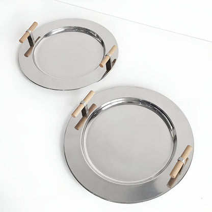 Stylish Round Serving Tray with Wooden Grip Handles