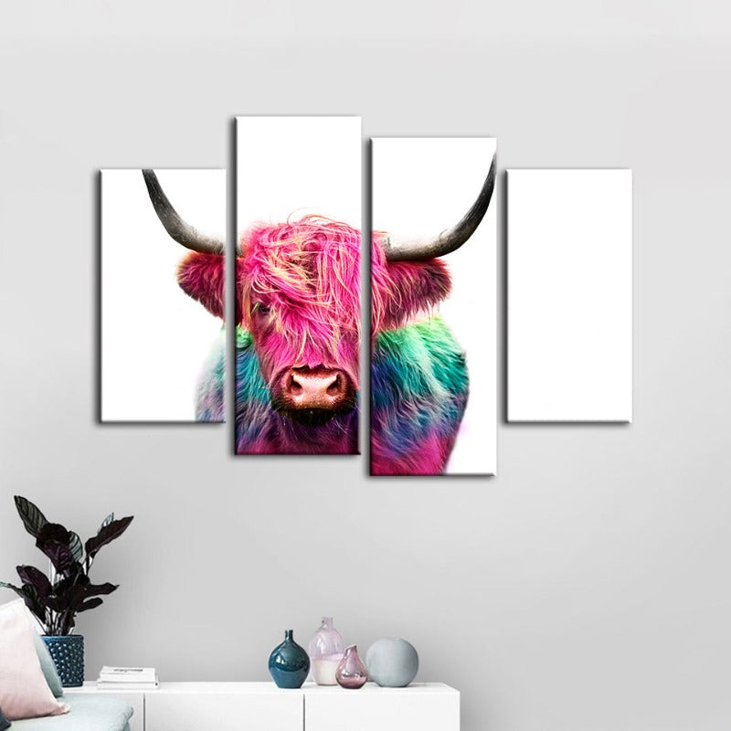 Charming Pink Cow Canvas Art Set - 4 Pieces for Vibrant Decor