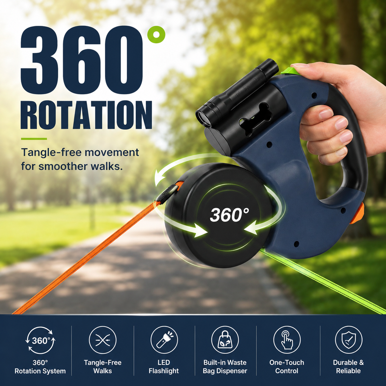 10-Foot Dual Retracting Leash for Dogs with Built-in Flashlight