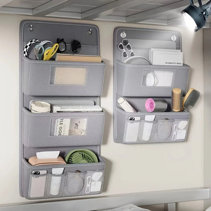 Hanging Organizer for Wall and Door Storage with Window - Gray Fabric Pockets with Hooks - 3-Tier