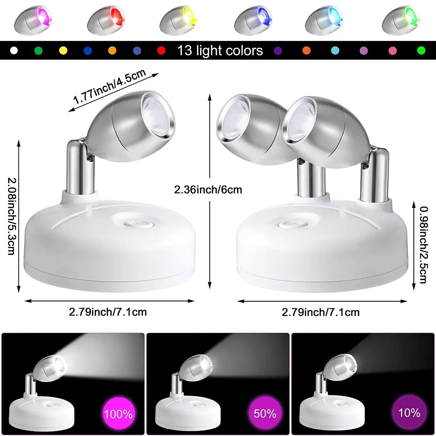 Wireless LED Spotlight Set of 2 with Remote Control – RGB Color Change & Timer, Adjustable for Photos, Cabinets & Walls