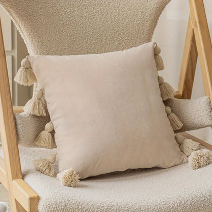 Boho Velvet Cushion Cover with Handmade Tassels | Soft Texture | 45x45 cm