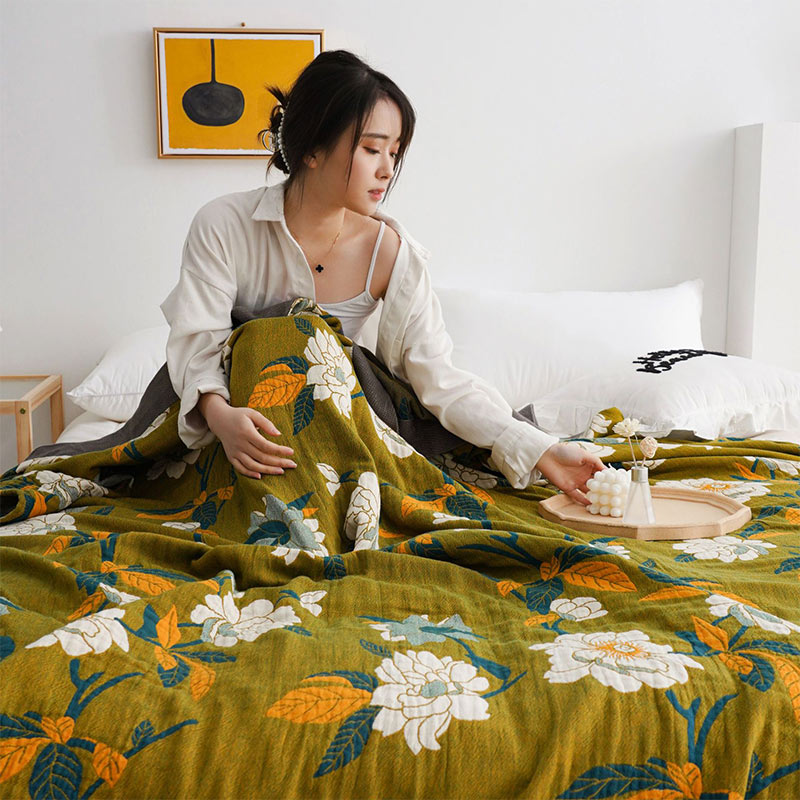 Printed Cotton Blanket with Olive Blossom Design