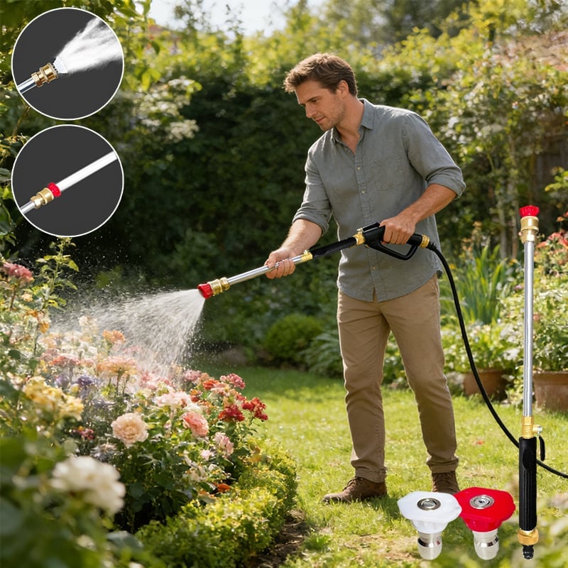 PowerSpray High-Pressure Nozzle for Garden Hoses 44.5 cm | Dual Nozzles: Stream & Fan | Stainless Steel/Copper, Leak-Proof, 1/2" & 3/4"