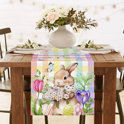 Spring Awakening Table Runner with Easter Bunnies & Butterflies | Linen Fabric | Spring Decor 150x33–200x33 cm