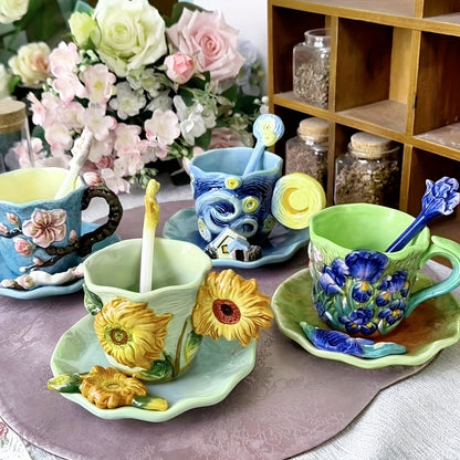 Ceramic Cup and Saucer Set – Hand-painted 3D Van Gogh Inspired Art