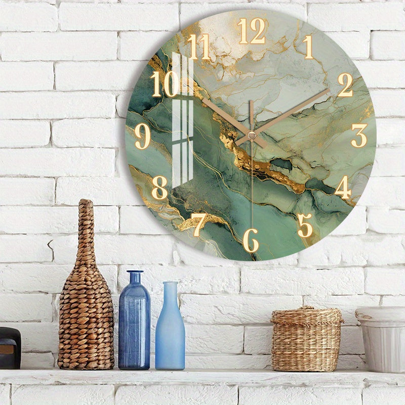 Round Silent Clock with Gold Accents – Abstract Marble and Wood Design