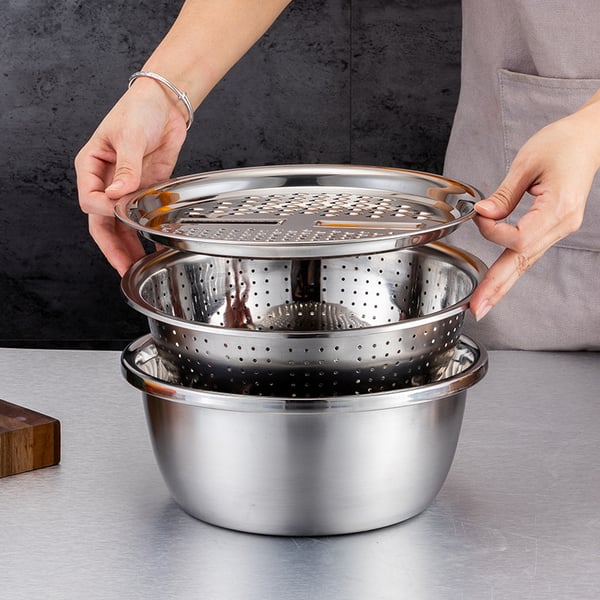Stainless Steel Mixing Bowl Set with Grater and Sieve - 3 Pieces