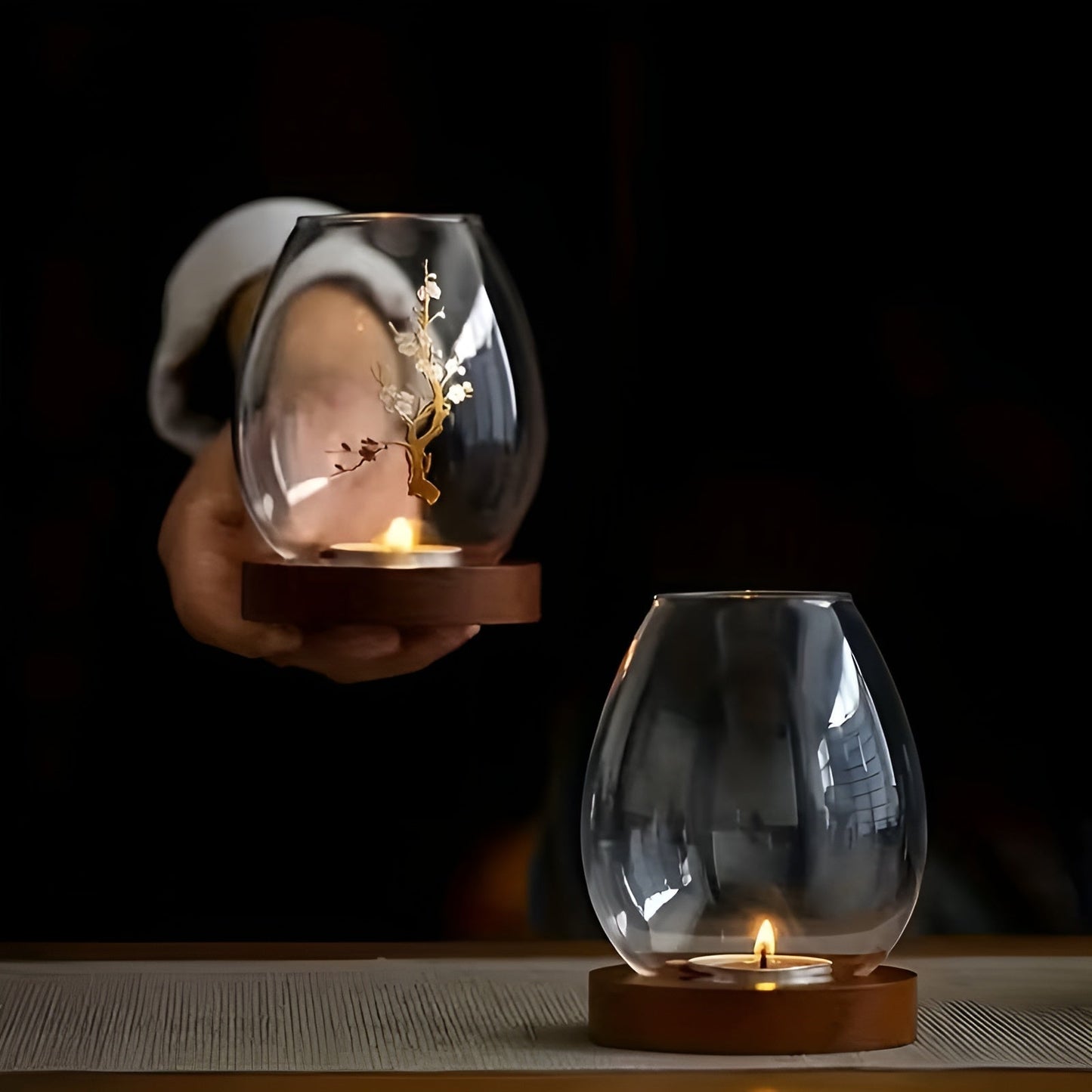 Elegant 2-Piece Glass Candle Holders with Wooden Base