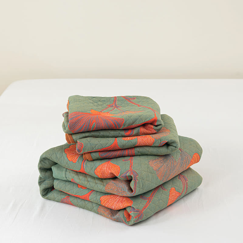 Reversible Cotton Blanket with Orange Ginkgo Leaf Design