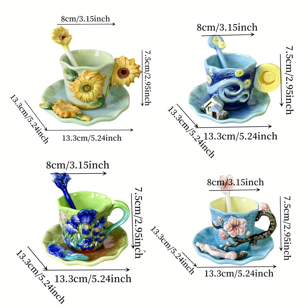Ceramic Cup and Saucer Set – Hand-painted 3D Van Gogh Inspired Art