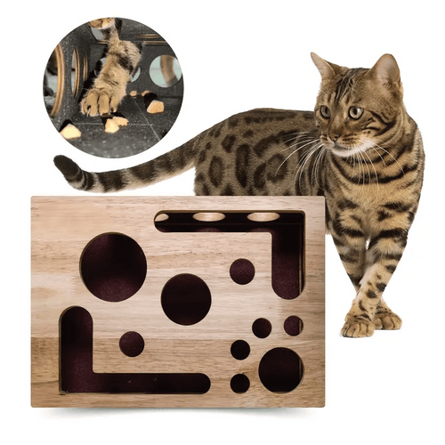 Interactive Wooden Cat Puzzle with Treat Compartments