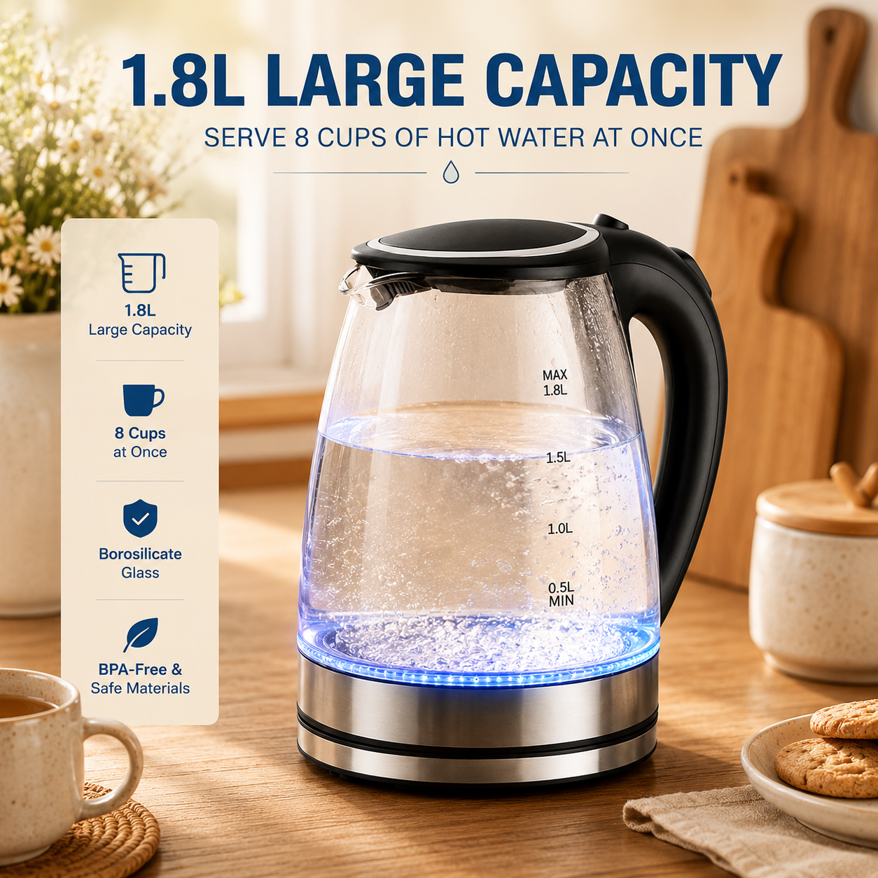 LED Illuminated Electric Glass Kettle - 1.8 Liters
