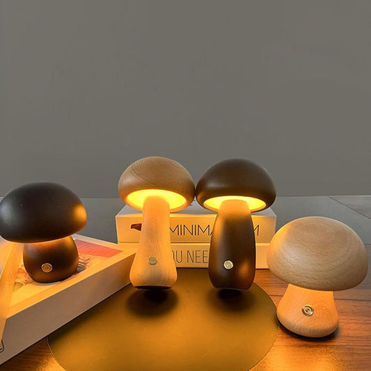 Dimmable Wooden Mushroom Night Light with USB Charging