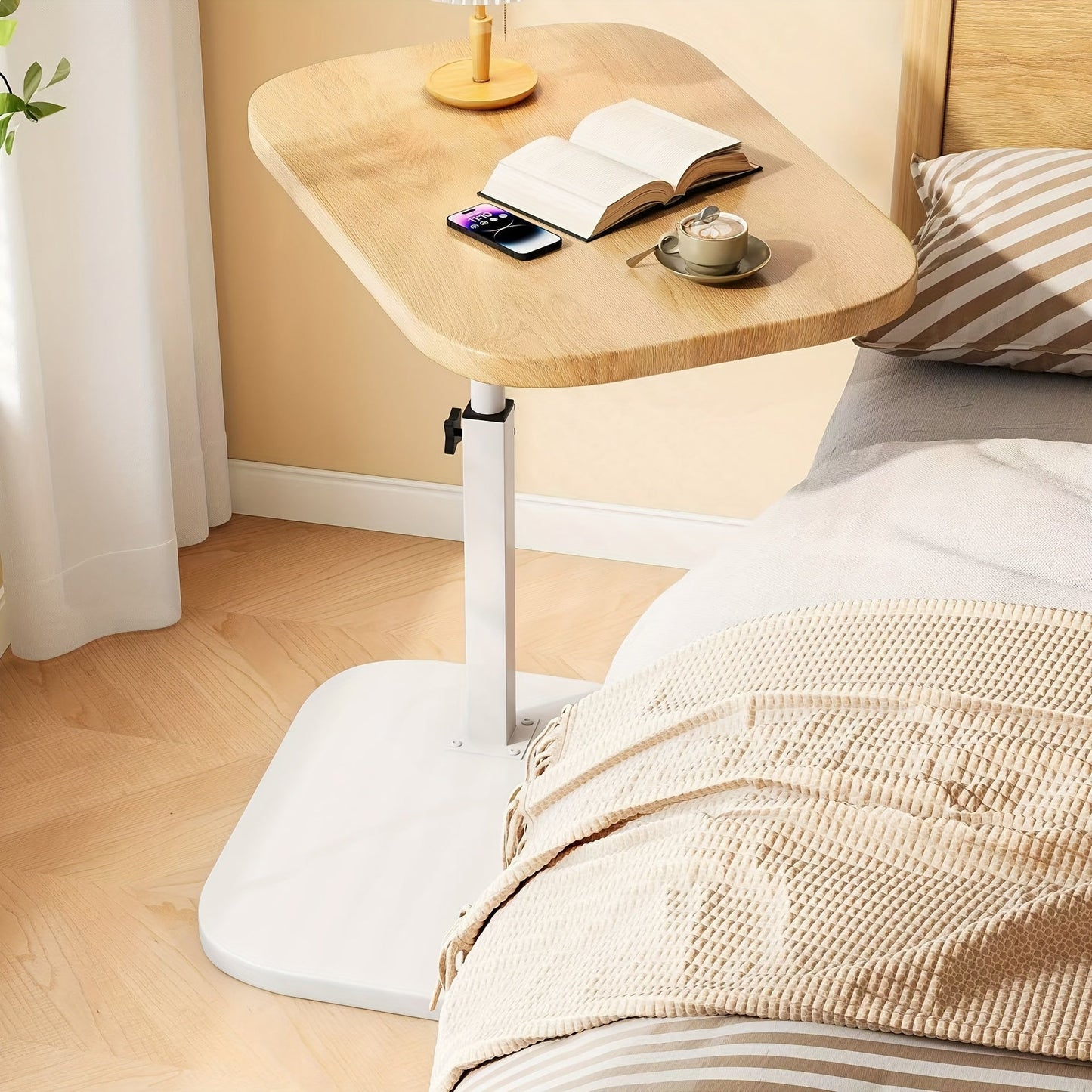 Wooden Side Table with Metal Frame – Adjustable Comfort Design