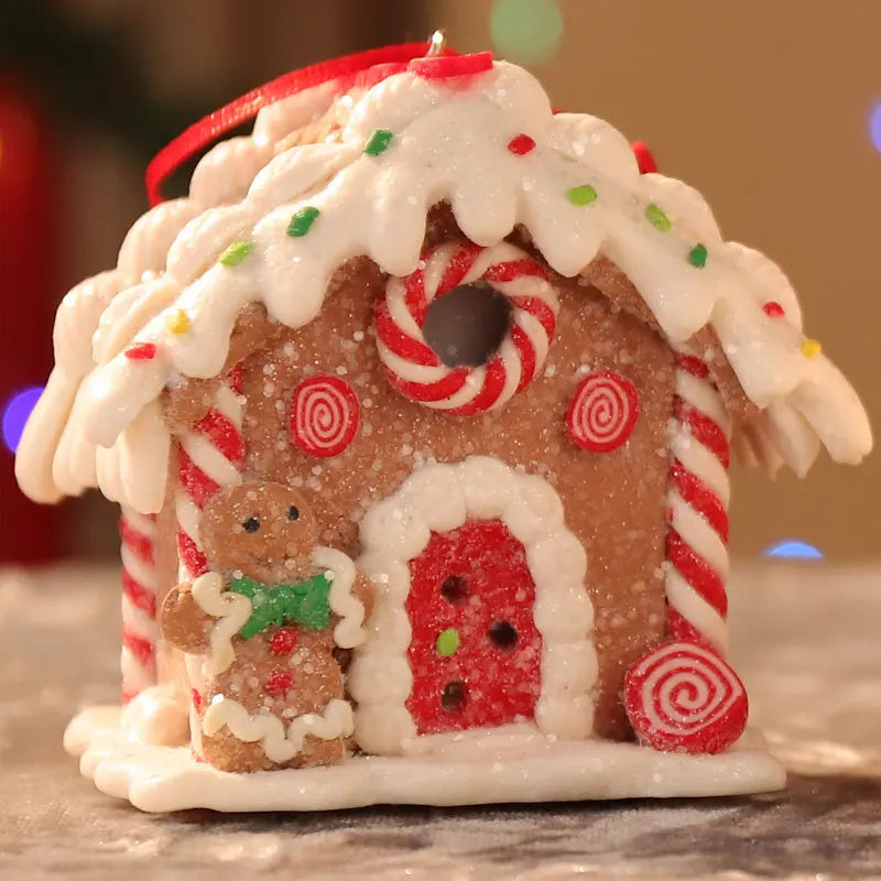 Handmade LED Gingerbread House Ornament – Illuminated Christmas Decor with Santa, Snowman, and Candy Canes
