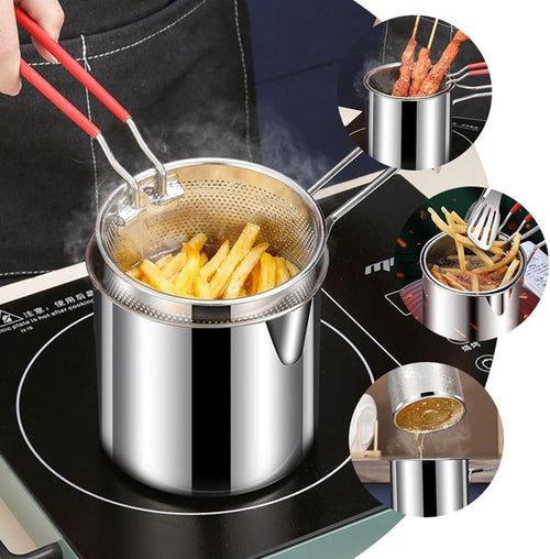 Stainless Steel Frying Pot with Strainer | Oil-Efficient Induction & Gas Cooking Pot | 13 cm
