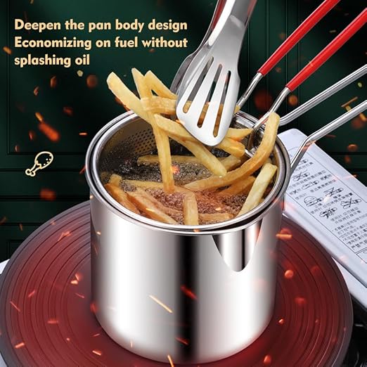 Stainless Steel Frying Pot with Strainer | Oil-Efficient Induction & Gas Cooking Pot | 13 cm