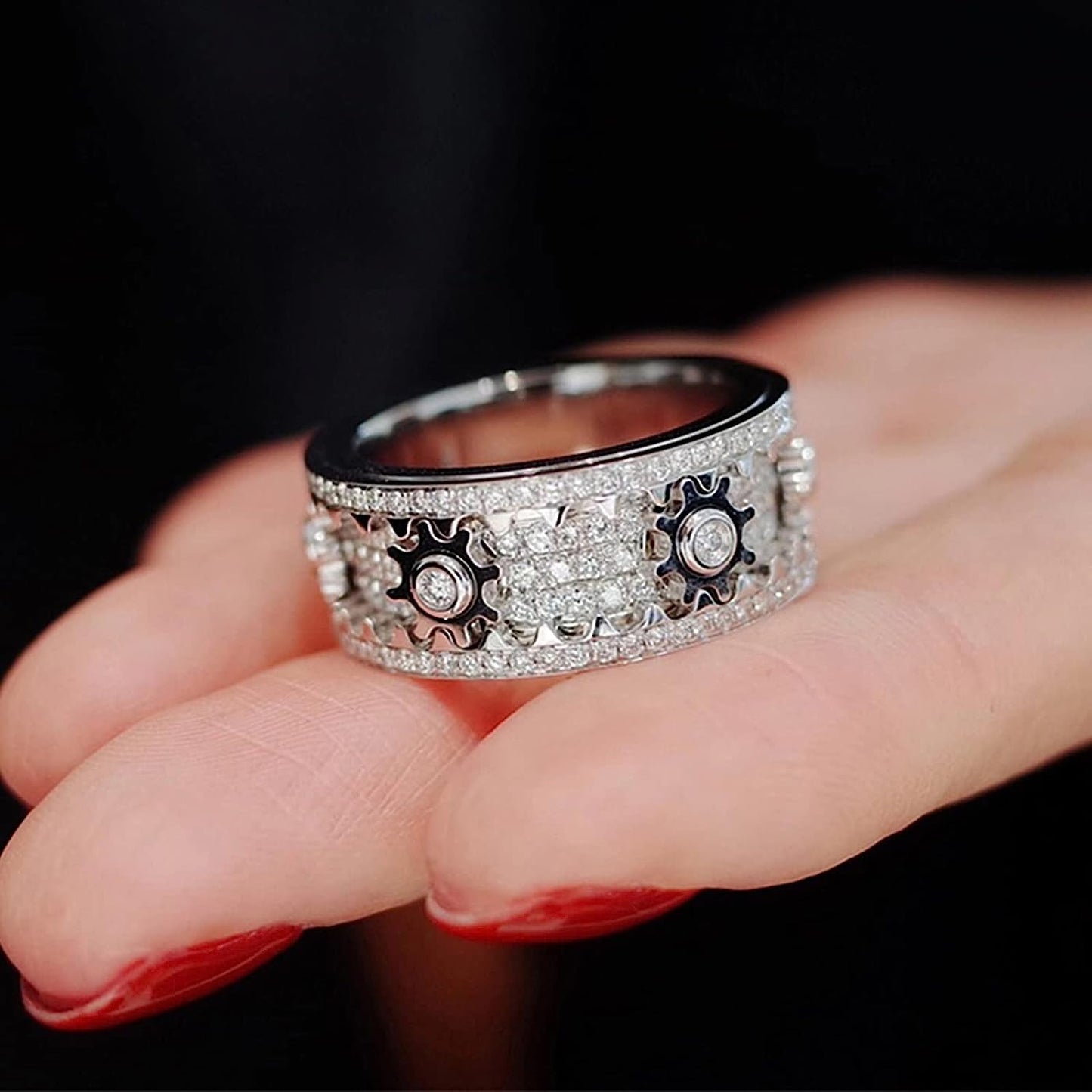 CalmSphere Rotating Gear Ring | Adjustable Fit | Hypoallergenic Stainless Steel | Silent Spinning for Focus | Silver/Black
