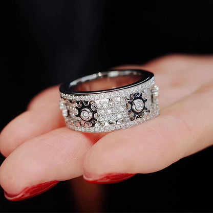 CalmSphere Rotating Gear Ring | Adjustable Fit | Hypoallergenic Stainless Steel | Silent Spinning for Focus | Silver/Black