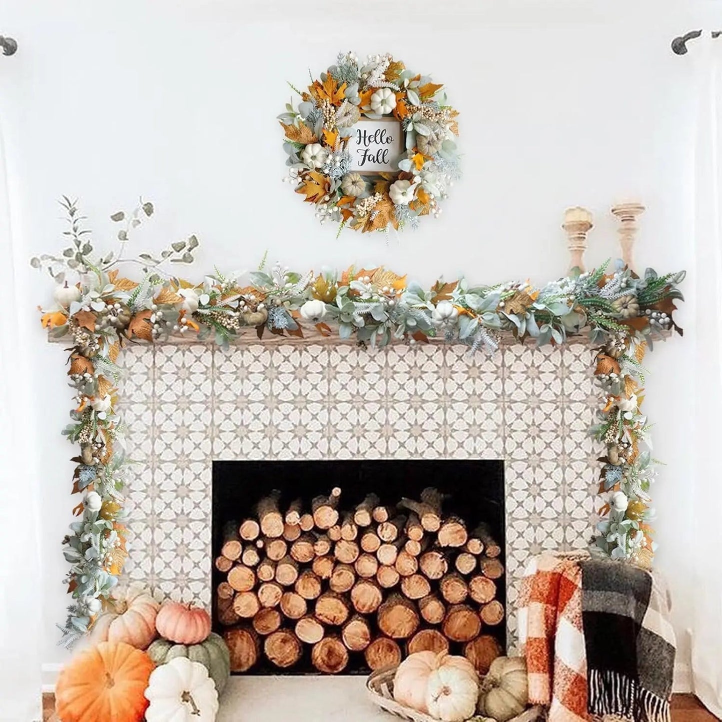 Handcrafted Autumn Wreath for Halloween – Door Decoration with Pumpkins and Eucalyptus