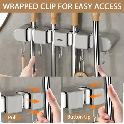 Smart Wall Organizer for Brooms & Mops | 4 Grip Clips + 5 Hooks | No-Drill Adhesive Mount