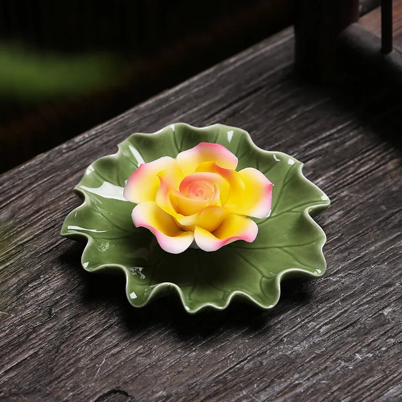 Handcrafted Ceramic Incense Stick Holder with Lotus Leaf Design – Aroma Diffuser