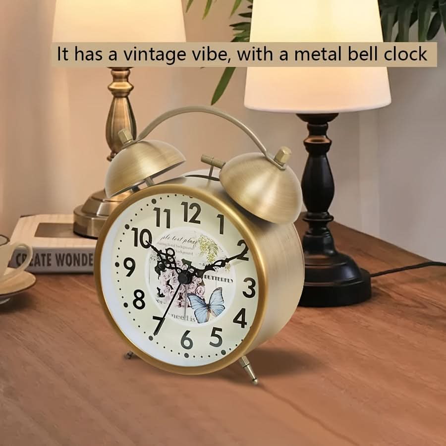 Scandinavian Vintage Twin Bell Alarm Clock with Luminous Metal Design