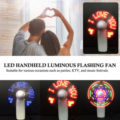 LED Handheld Fan with USB – Rechargeable Mini Desk Fan with Flashing Text