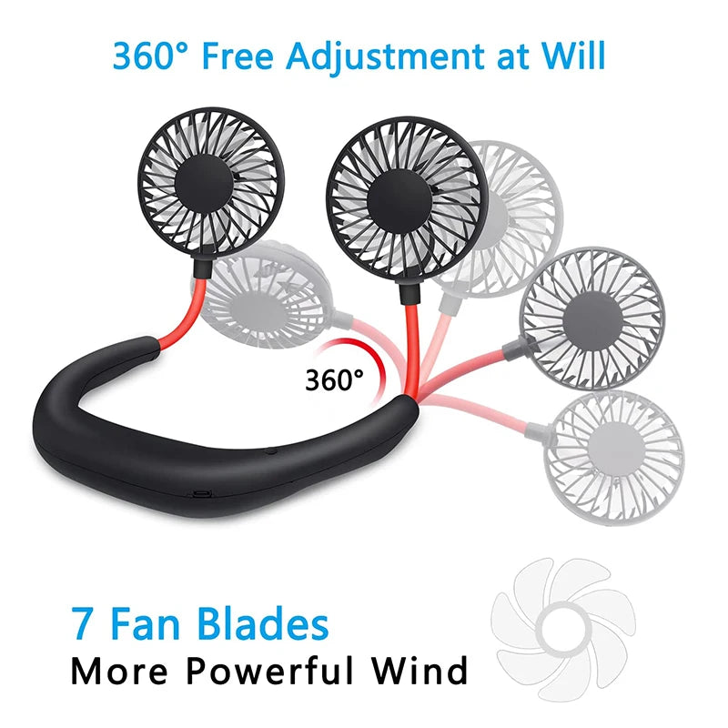 Neck Fan with LED Light | Rechargeable via USB | Portable and Hands-Free
