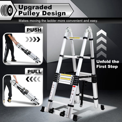 Folding Telescopic Ladder 5M with Wheels and Triangle Stabilizer