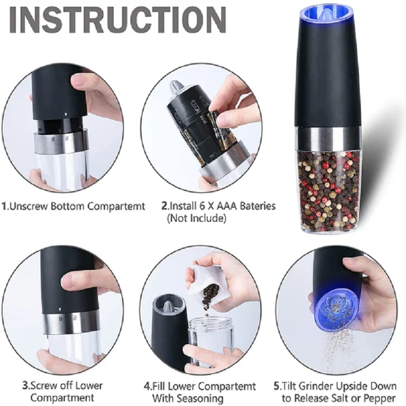 Electric Gravity-Operated Salt and Pepper Mill with Automatic Function