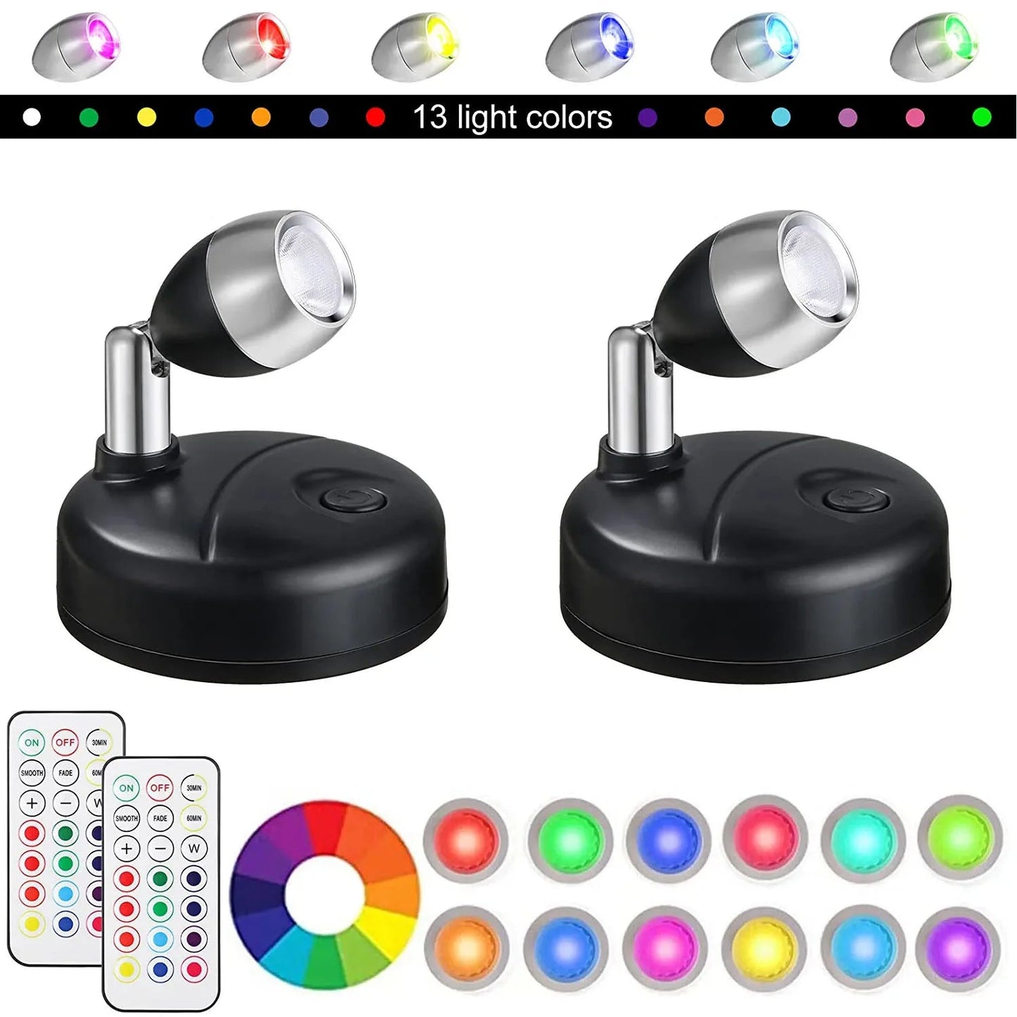 Wireless LED Spotlight Set of 2 with Remote Control – RGB Color Change & Timer, Adjustable for Photos, Cabinets & Walls