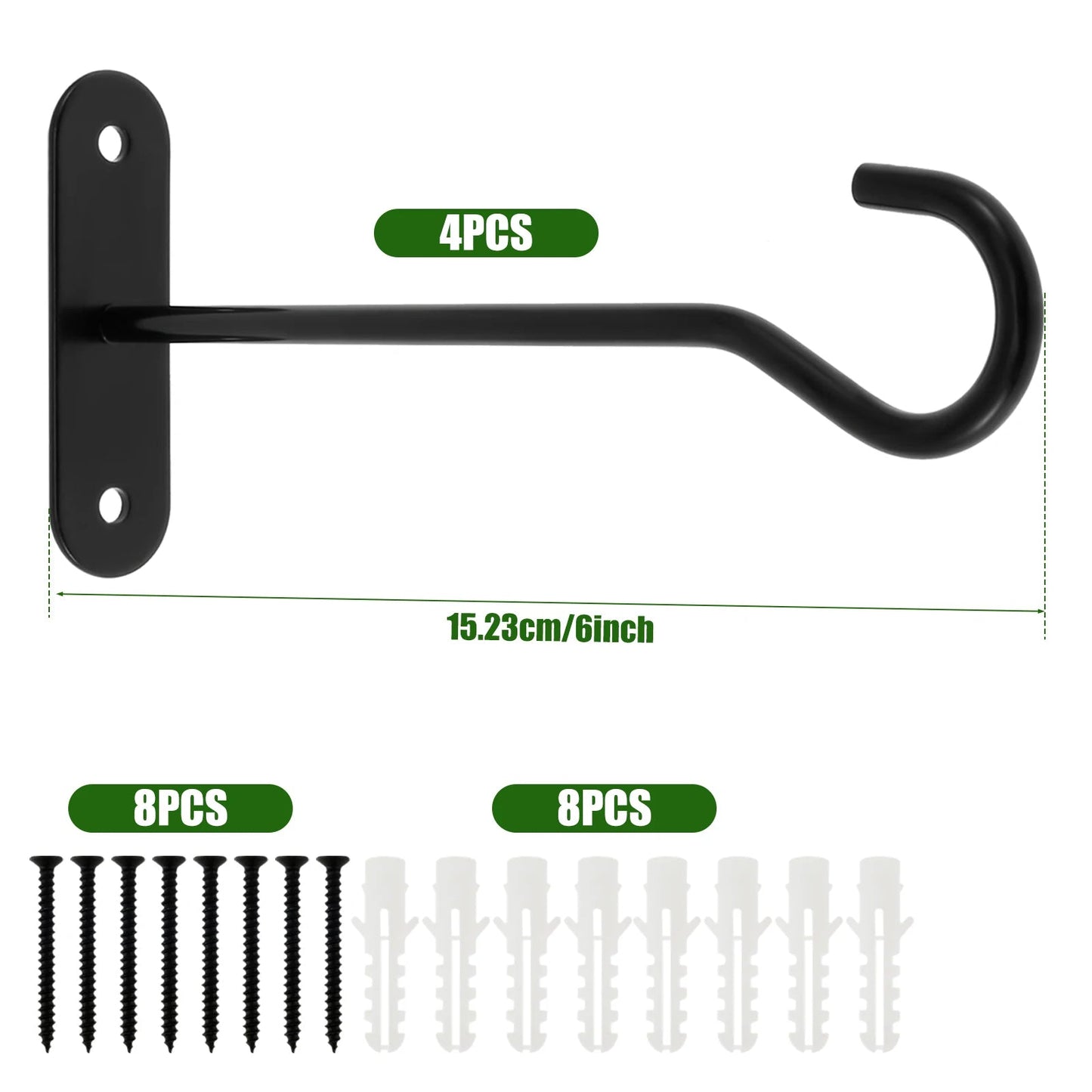 Wall-Mounted Plant Hooks | 15 cm Black Iron | Set of 4, Holds up to 10 kg