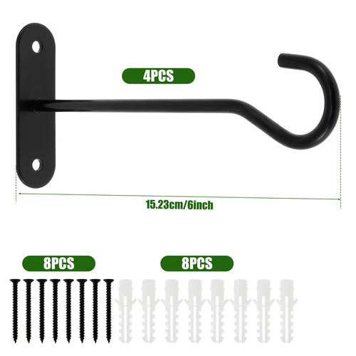 Wall-Mounted Plant Hooks | 15 cm Black Iron | Set of 4, Holds up to 10 kg