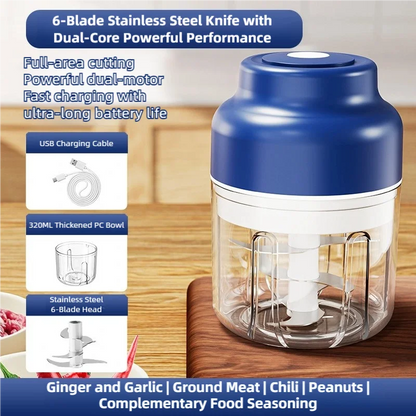 Electric Mini Chopper - USB Powered Food Processor with 6-Blade System, 320 ml