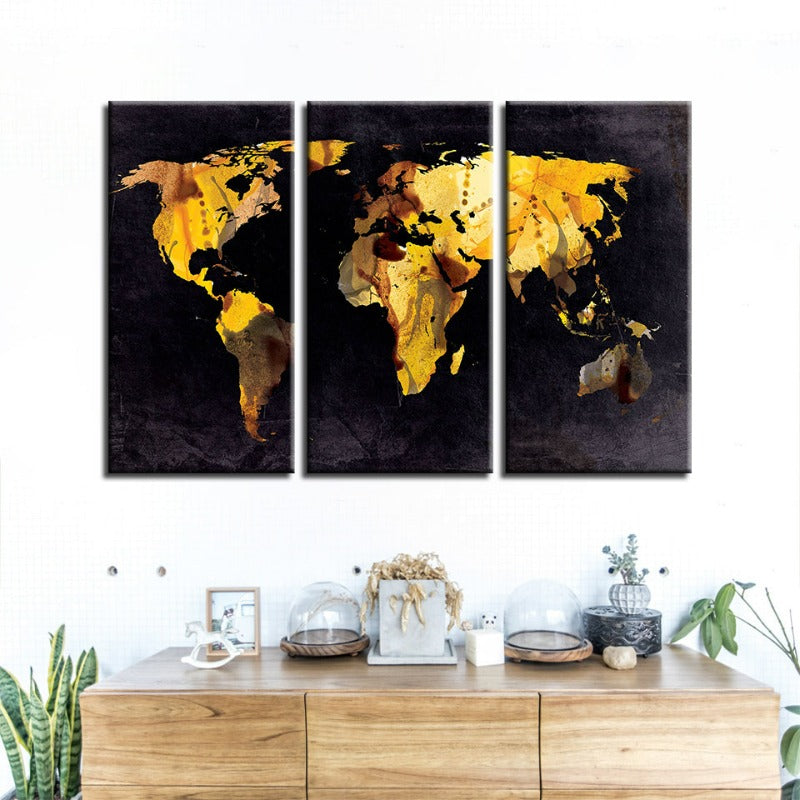 Set of 3 Canvas Art Prints - Yellow Leaf World Map Decor