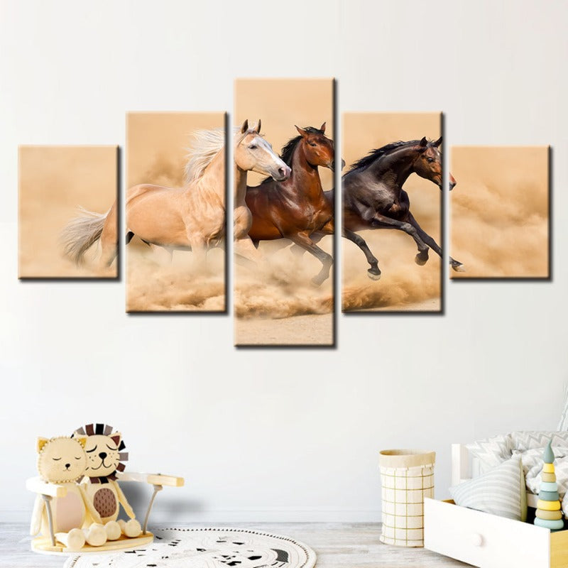 Majestic Horses Running Through the Desert - 5 Piece Canvas Art