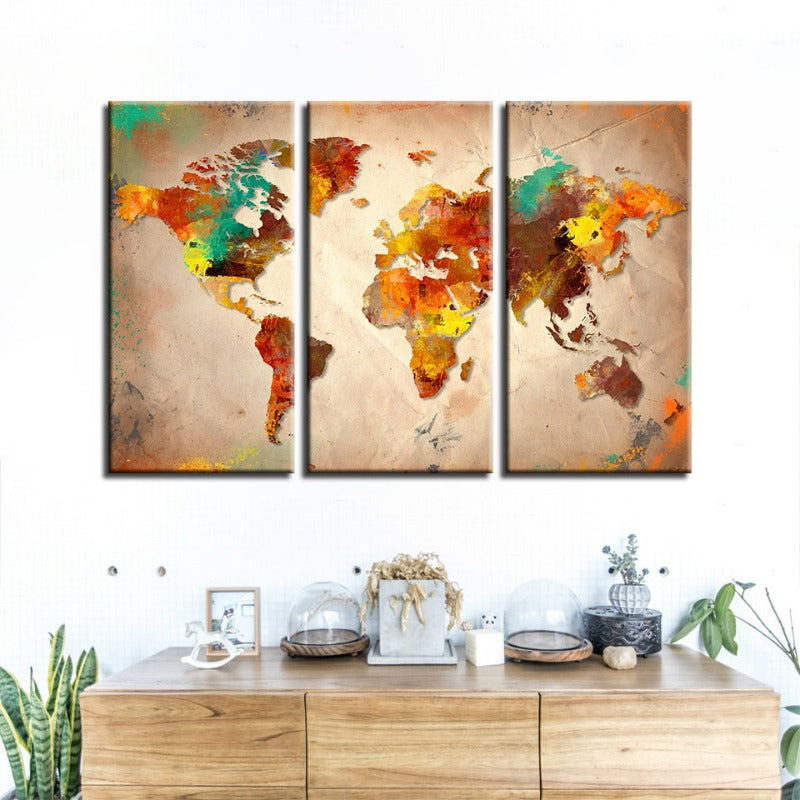 Set of 3 Canvas Wall Art - Colorful Abstract World Map
