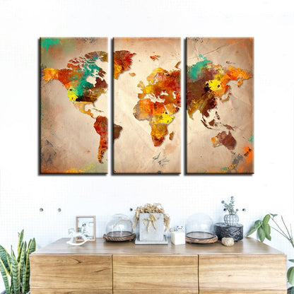 Set of 3 Canvas Wall Art - Colorful Abstract World Map