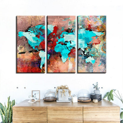 Abstract Canvas Art Set of 3 - Sea Blue and Red World Map Decor