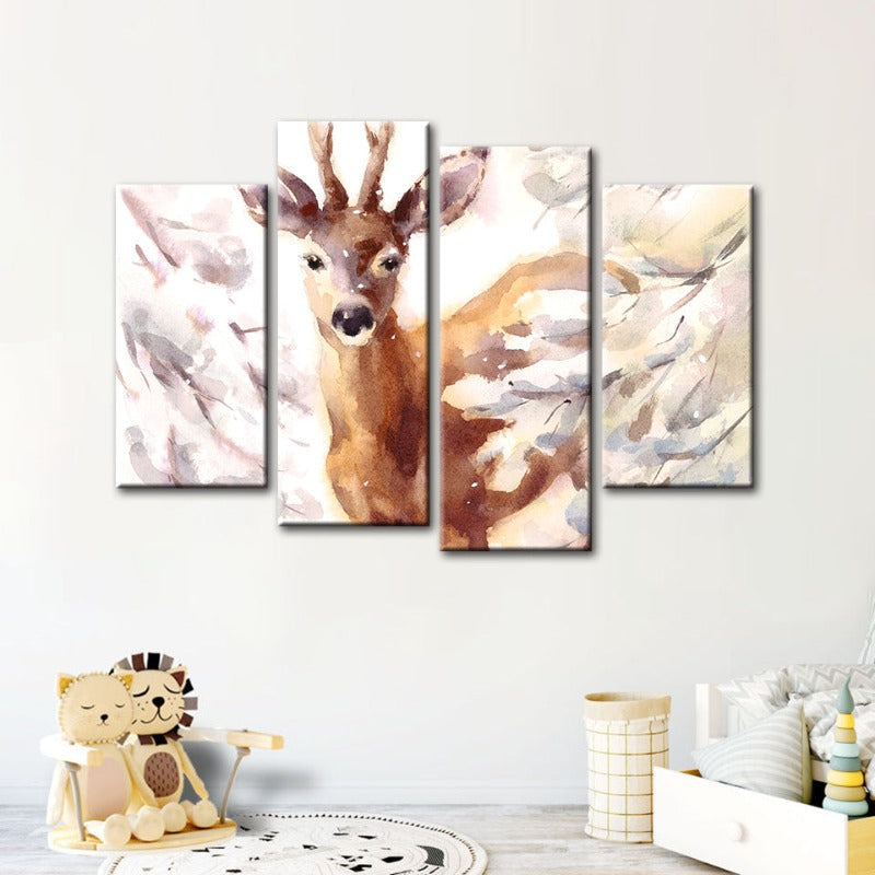 Serene Snowy Deer - 4-Piece Canvas Artwork for Home Décor