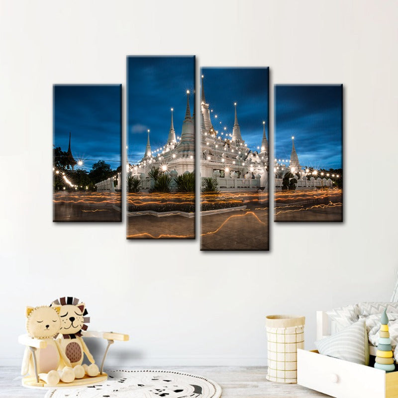 Majestic Temple Night Canvas Art Set – 4-Piece Collection