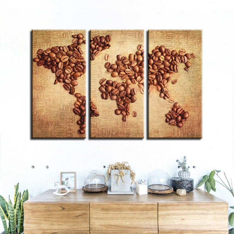 Set of 3 Canvas Art Pieces - Abstract World Map with Coffee Beans