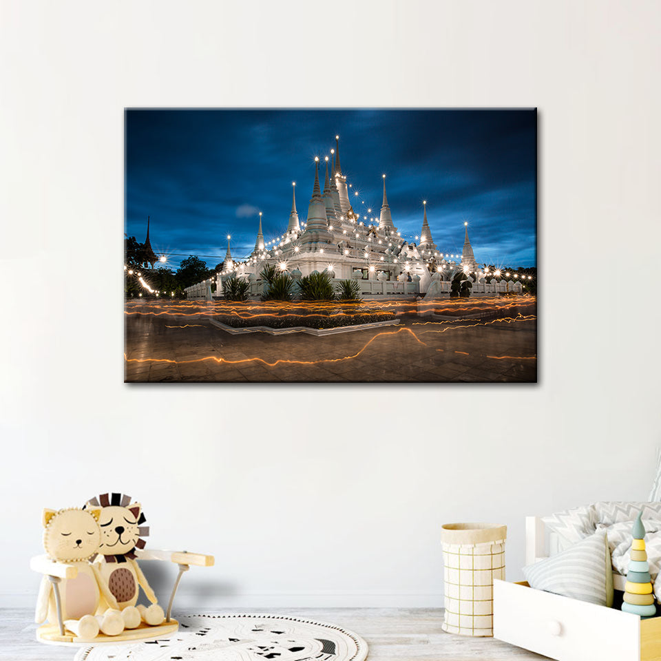 Canvas Wall Art - Serene Temple Scene for Night Décor