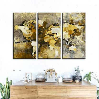 Abstract Yellow and Brown World Map Canvas Art Set of 3 Panels