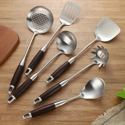 Elegant Steel and Wood Cooking Tool Set | 6-Piece Collection