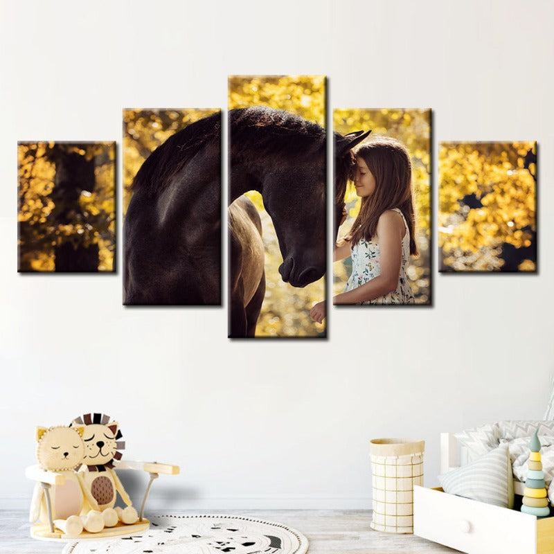 5-Piece Canvas Art: Girl and Horse Bonding