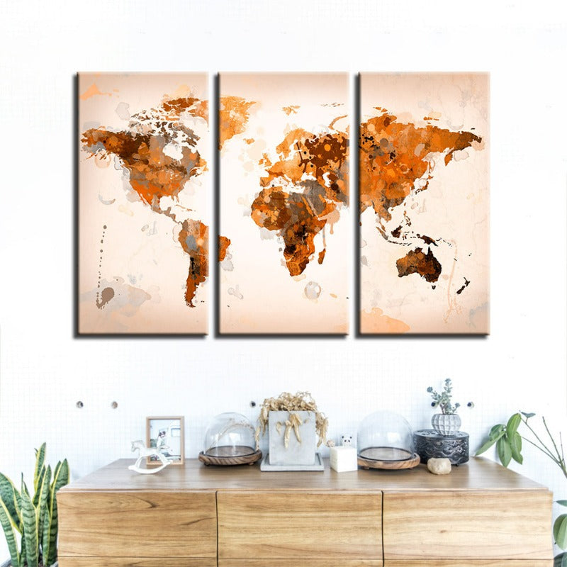 Set of 3 Abstract Canvas Wall Art - Brown World Map Design