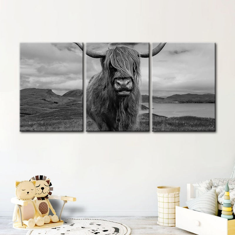 Set of 3 Canvas Wall Art Paintings – Black and White Cow Design